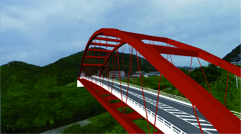 山と街並みが見える全天球画像とアーチ橋の3Dモデルを組み合わせた画像