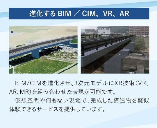 進化するBIM ／ CIM、VR、AR：BIM/CIMを進化させ、3次元モデルにXR技術（VR、AR、MR）を組み合わせた表現が可能です。仮想空間や何もない現地で、完成した構造物を疑似体験できるサービスを提供しています。